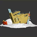 Yellow Boat With Blue Chimney Tilted On Snow Featuring Red Lifebuoy And Small Figure