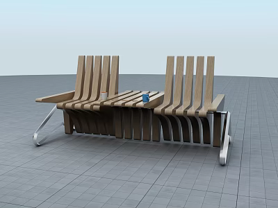 Modern Wooden Outdoor Chairs With Metal Legs Small Table And Blue Cup 3d model