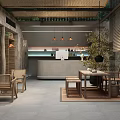 Chinese Style Hotel Lobby With Arched Doorway Stone Walls Green Plants Steps Sofa And Chandelier