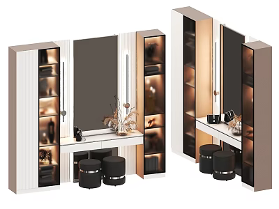 Modern Dressing Table With Large Mirror Storage Cabinets Decorative Items And Black Stools 3d model