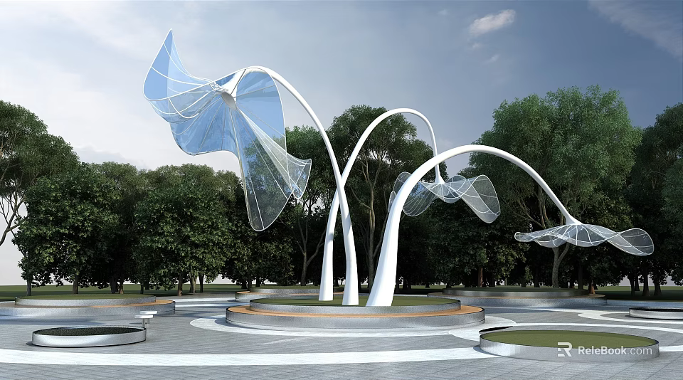 Modern Pergola Design With White Curved Structure And Transparent Canopy 3d model 