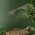 E-commerce Display Stand On Green Background With Green Plant Leaves White Flowers And Leaf Shadows