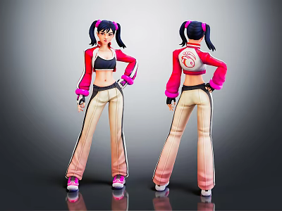 Female Character With Twin Ponytails Red Jacket Number 6 Logo Black Crop Top Beige Pants 3d model