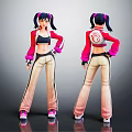 Female Character With Twin Ponytails Red Jacket Number 6 Logo Black Crop Top Beige Pants