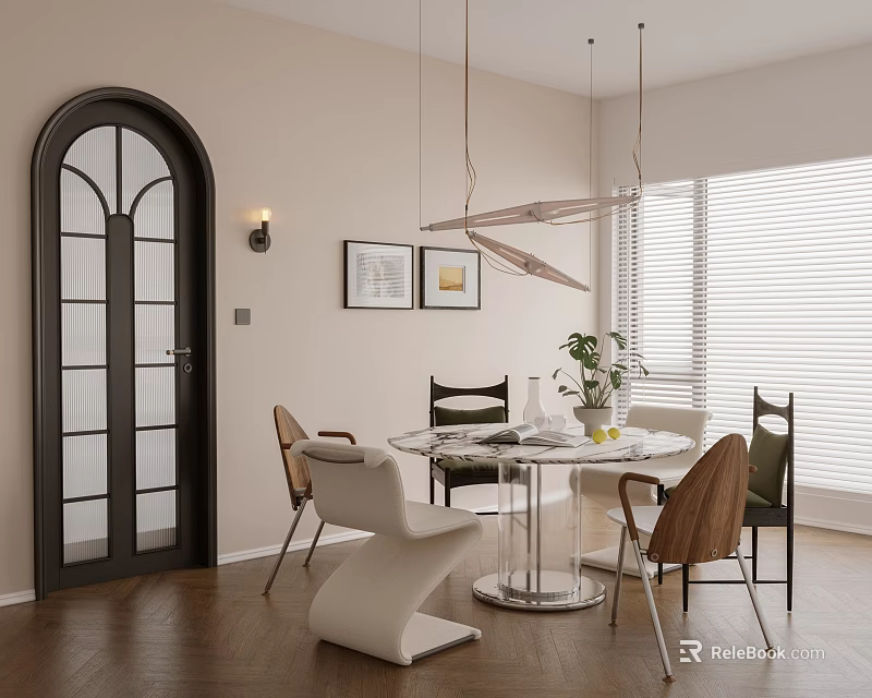 Elegant Restaurant Interior With Round Dining Table Chairs Pendant Lights Arched Door And Wooden Floor 3d model 