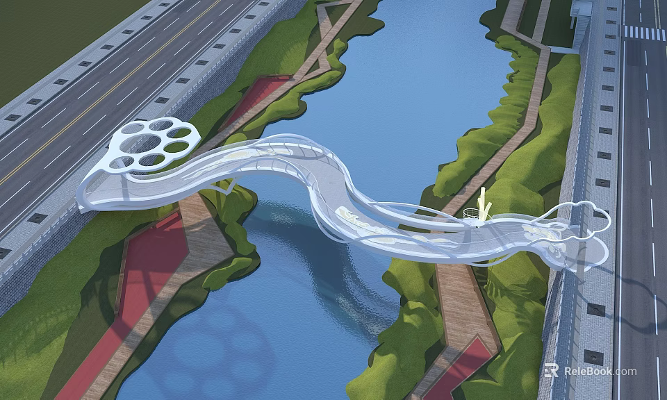 Streamlined Modern Landscape Bridge Spanning River With Green Paths And Adjacent Road 3d model 
