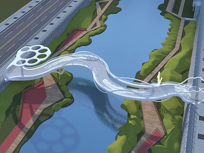 Streamlined Modern Landscape Bridge Spanning River With Green Paths And Adjacent Road 3d model