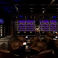 Stylish Bar Interior With Blue Lit Wine Racks Brown Leather Chairs And Small Tables