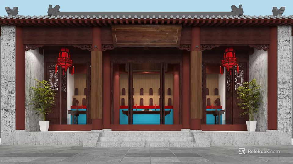 Traditional Chinese Religious Temple With Wooden Structure Red Lanterns And Stone Steps 3d model 