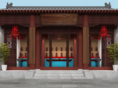 Traditional Chinese Religious Temple With Wooden Structure Red Lanterns And Stone Steps 3d model