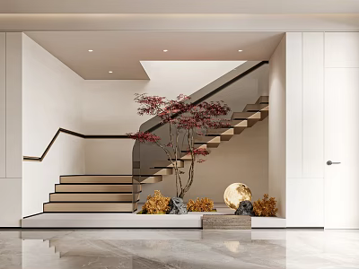 Modern Staircase Interior With White Walls Black Handrail Wooden Steps And Red Maple Tree 3d model