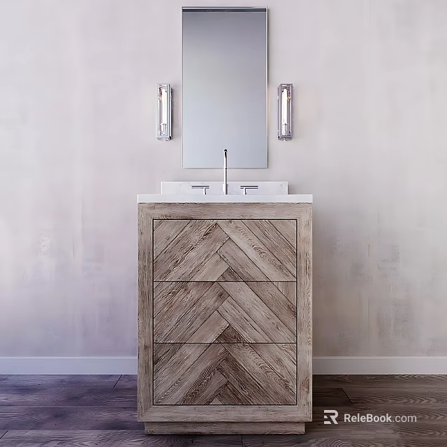 Bathroom Mirror With Sconces Above Wooden Herringbone Vanity And Sink 3d model 
