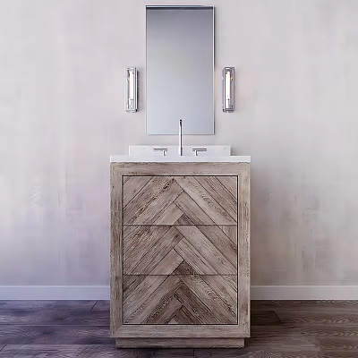Bathroom Mirror With Sconces Above Wooden Herringbone Vanity And Sink 3d model