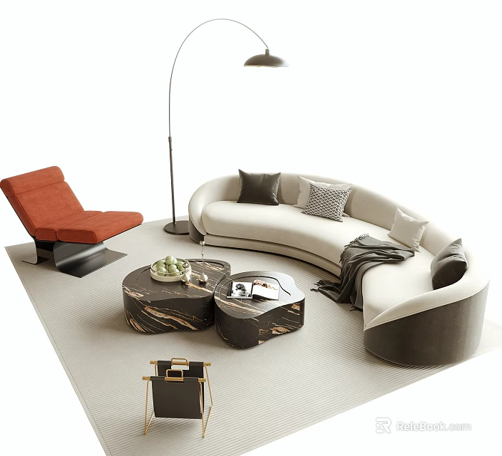 Curved Sofa and Marble Coffee Table Set with Orange Armchair Floor Lamp and Pillows 3d model 