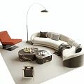 Curved Sofa and Marble Coffee Table Set with Orange Armchair Floor Lamp and Pillows