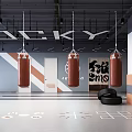 Modern Industrial Fitness Gym With Boxing Ring Hanging Punching Bags And Floor Markers