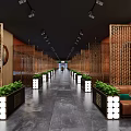 Modern Restaurant Interior With Lattice Screens Orange Walls Dark Floor Central Display And Seating Areas
