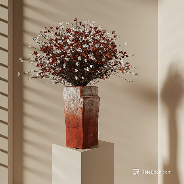 Flower Bouquet in Red Stone Vase on White Pedestal Against Beige Wall with Blinds Shadow 3d model 