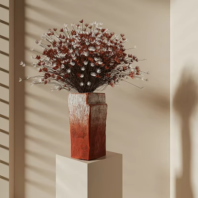 Flower Bouquet in Red Stone Vase on White Pedestal Against Beige Wall with Blinds Shadow 3d model