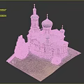 Cartoon Scene Of Church With Red Brick Walls Silver Domes Tower Green Trees And Grass