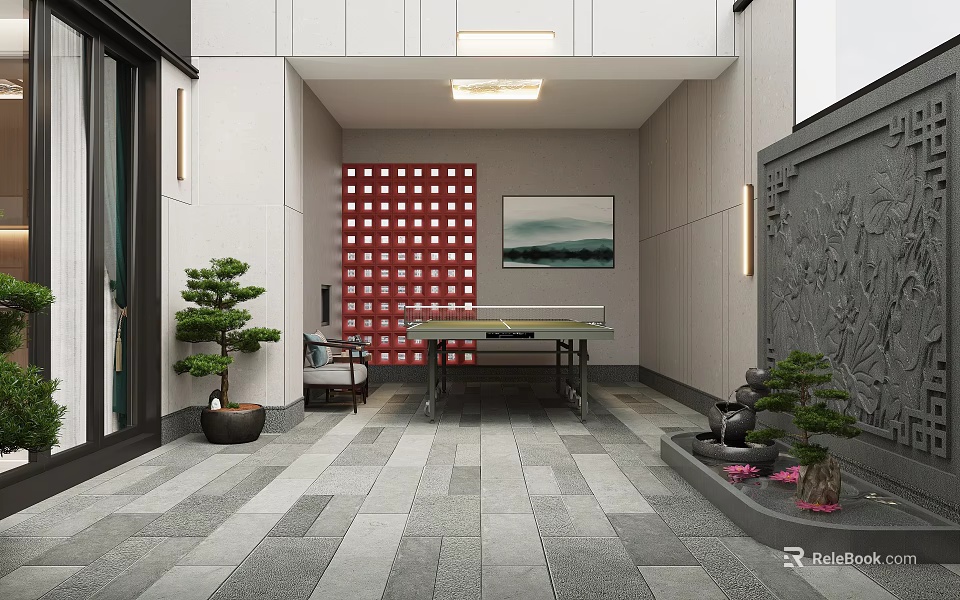 Traditional Garden With Red Lattice Screen Landscape Painting Stone Table Potted Pine And Gray Tiles 3d model 