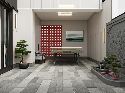Traditional Garden With Red Lattice Screen Landscape Painting Stone Table Potted Pine And Gray Tiles 3d model