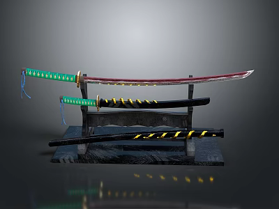 Samurai Swords Display With Green Red Accents On Black Wooden Stand 3d model