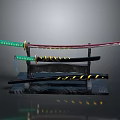 Samurai Swords Display With Green Red Accents On Black Wooden Stand 3d model