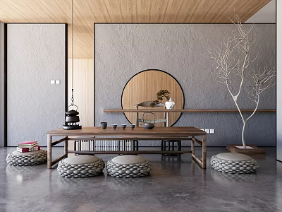 Modern Teahouse Interior With Wooden Furniture Round Decor Woven Cushions And Dried Tree Branch 3d model