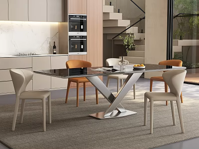 Modern Restaurant Interior Design with Open Kitchen and Dining Table Chairs 3d model