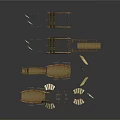 Detailed Ancient Wooden Boats Exploded View With Multiple Components And Parts