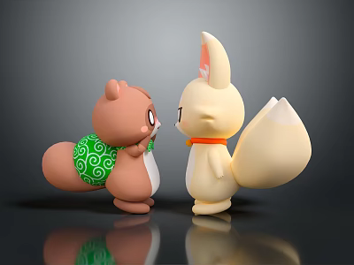 Cartoon Game Characters Brown Squirrel With Green Spiral Backpack And Yellow Fox Facing Each Other 3d model