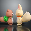 Cartoon Game Characters Brown Squirrel With Green Spiral Backpack And Yellow Fox Facing Each Other