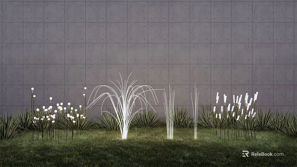 Grass And Reed Shaped Outdoor Lights With White Light On Green Grass And Gray Wall 3d model 