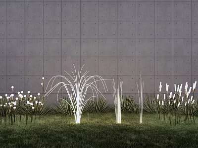 Grass And Reed Shaped Outdoor Lights With White Light On Green Grass And Gray Wall 3d model