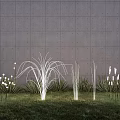 Grass And Reed Shaped Outdoor Lights With White Light On Green Grass And Gray Wall