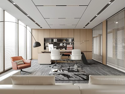 Modern Office Interior Featuring Work Desk White Chairs Sofa Bookshelf And Floor To Ceiling Blinds 3d model