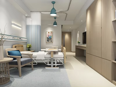 Modern Hospital Room Interior With Bed Wooden Cabinets And Blue Pendant Lights 3d model