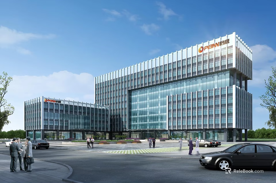 Modern Office Building Exterior Design With Glass Facade Parking Area And People 3d model 