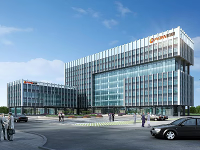Modern Office Building Exterior Design With Glass Facade Parking Area And People 3d model