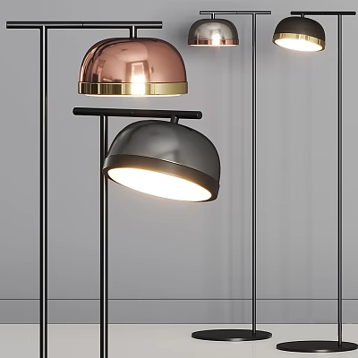 Stylish Modern Floor Lamp With Black Metal Stand And Copper Dome Shade Design 3d model