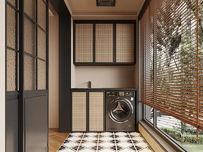 Modern Laundry Room With Washing Machine Bamboo Blinds Woven Cabinets And Geometric Floor Tiles 3d model