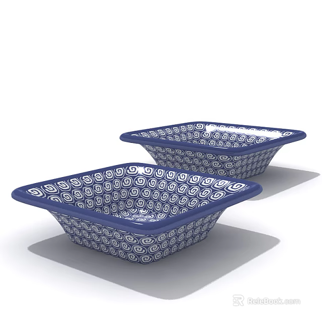 Tableware Set of Blue and White Square Bowls with Circular Patterns 3d model
