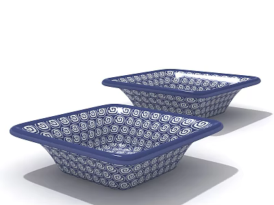 Tableware Set of Blue and White Square Bowls with Circular Patterns 3d model