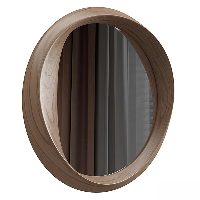 Modern Round Mirror With Wooden Frame Reflecting Curtains And Window View 3d model