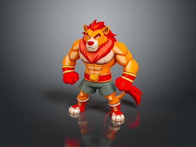Cartoon Muscular Lion Character with Red Mane Gloves Yellow Belt and Dark Shorts 3d model