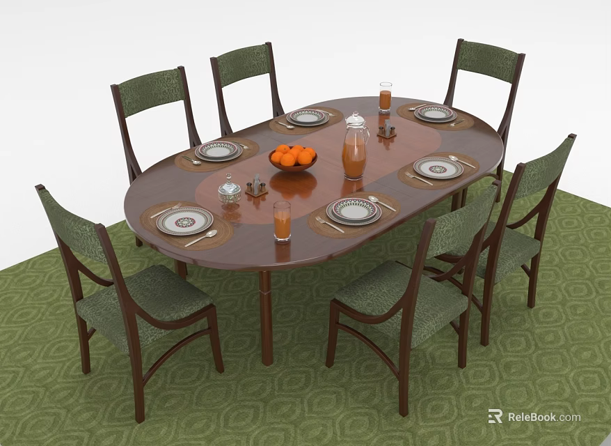 Elegant Wooden Dining Table Set With Oval Top Six Chairs Green Carpet Tableware And Oranges 3d model 