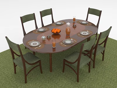 Elegant Wooden Dining Table Set With Oval Top Six Chairs Green Carpet Tableware And Oranges 3d model