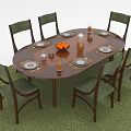 Elegant Wooden Dining Table Set With Oval Top Six Chairs Green Carpet Tableware And Oranges