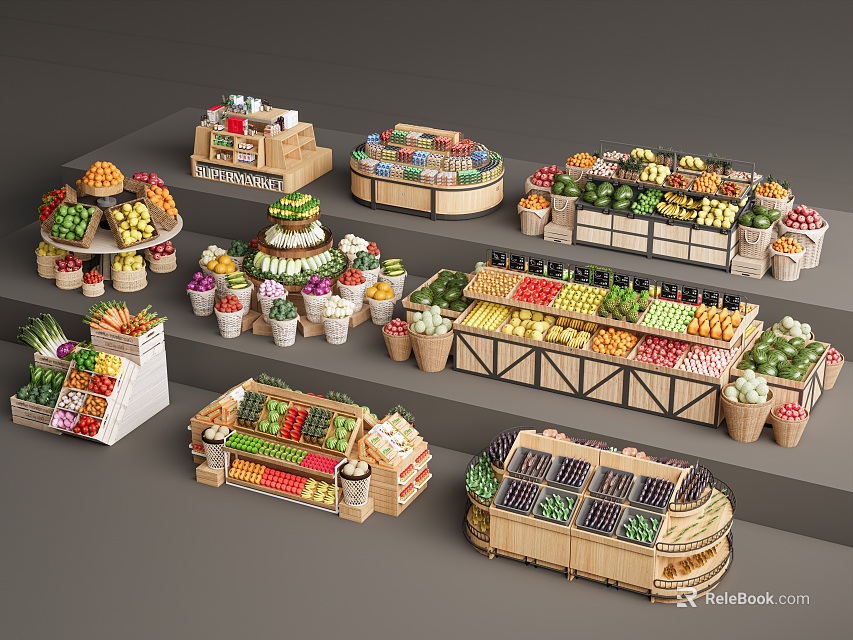 Wooden Display Shelves With Fruits Vegetables And Various Retail Store Designs 3d model 